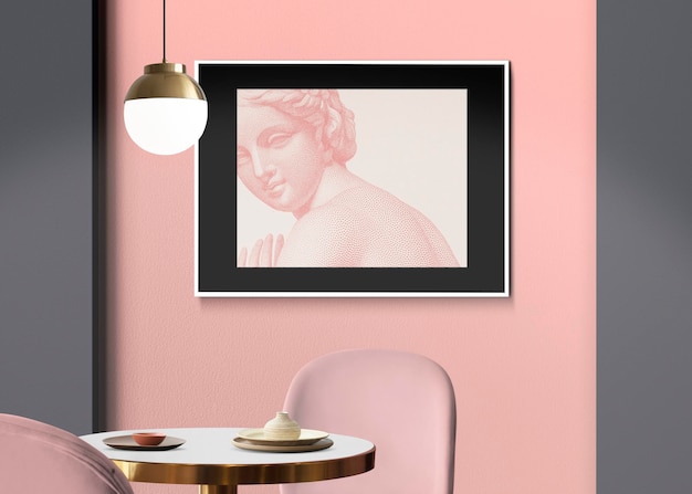 frame mockup psd hanging in chic luxury dining room