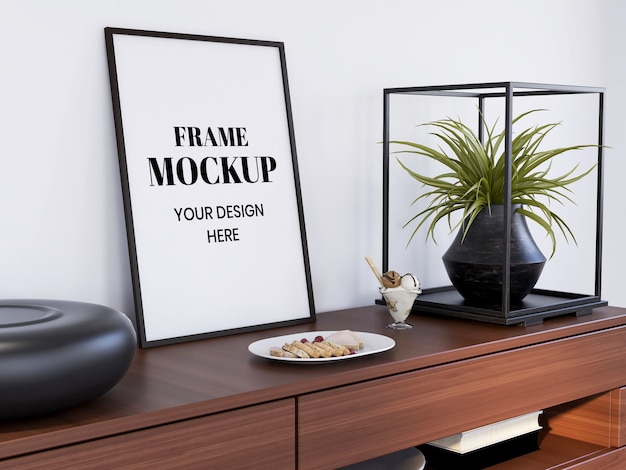 PSD frame mockup realistic on the interior desk