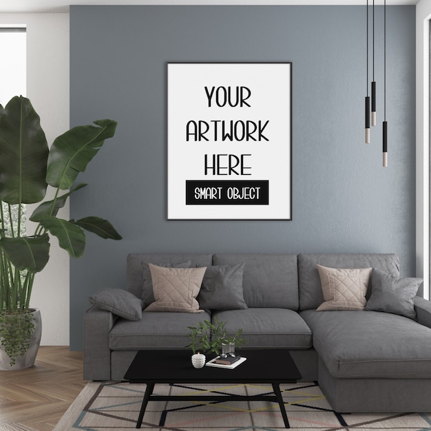 PSD frame mockup on the room wall