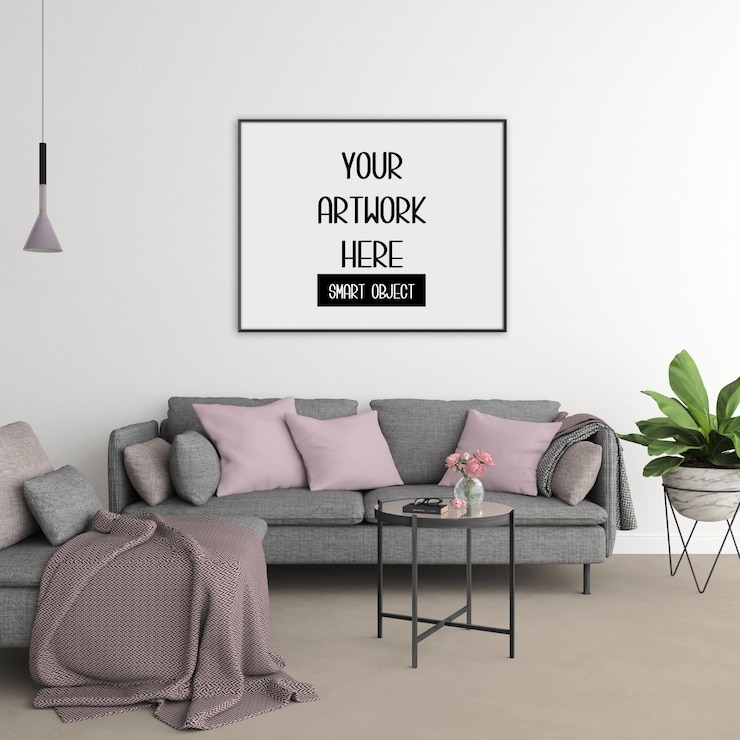 PSD frame mockup, room with black horizontal frame, scandinavian interior