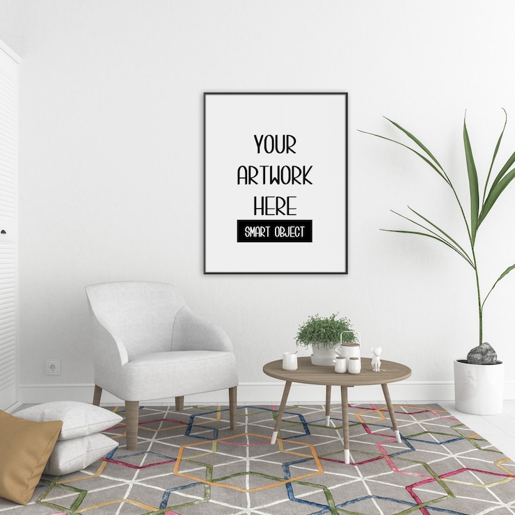 PSD frame mockup, room with black vertical frame, scandinavian interior