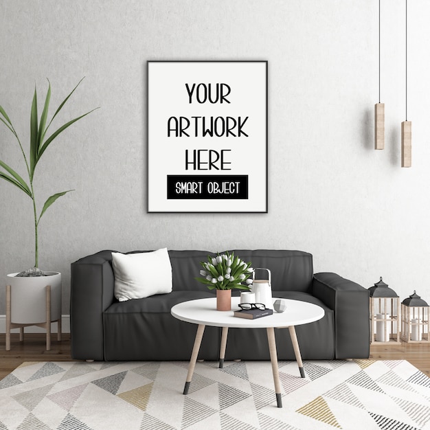 Frame mockup, room with black vertical frame, scandinavian interior