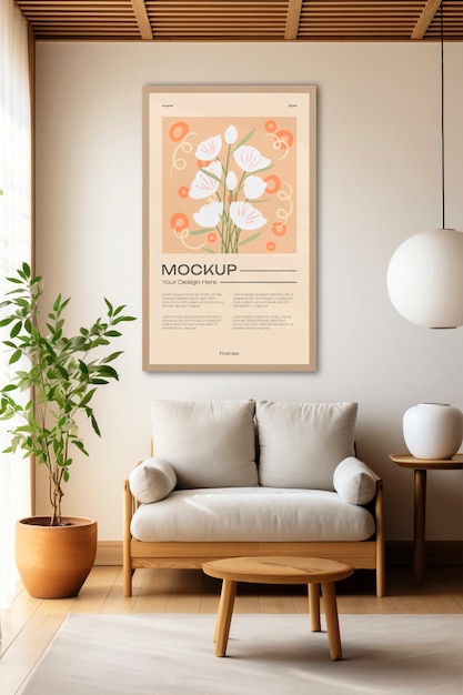 PSD frame mockup in room with japandi aesthetics