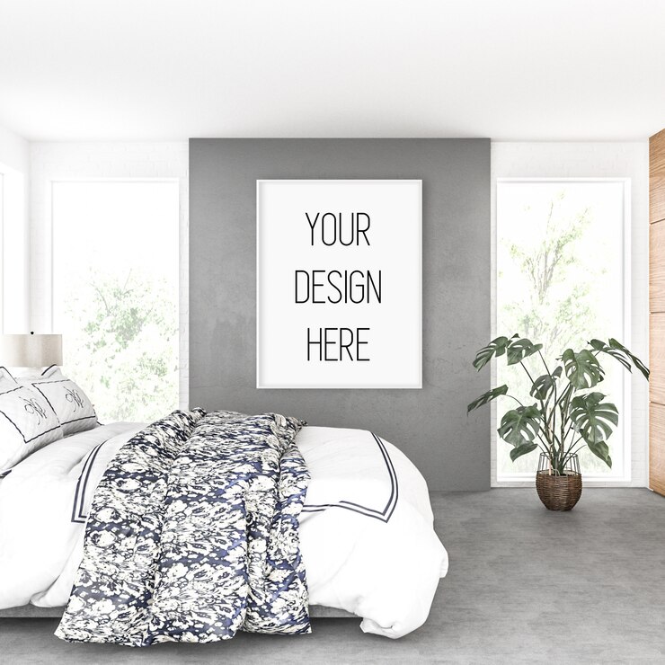 PSD frame mockup, slaapkamer met verticaal frame, scandinavisch interieur