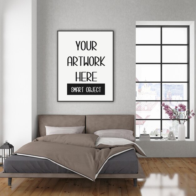 Frame mockup, slaapkamer met zwart verticaal frame, scandinavisch interieur