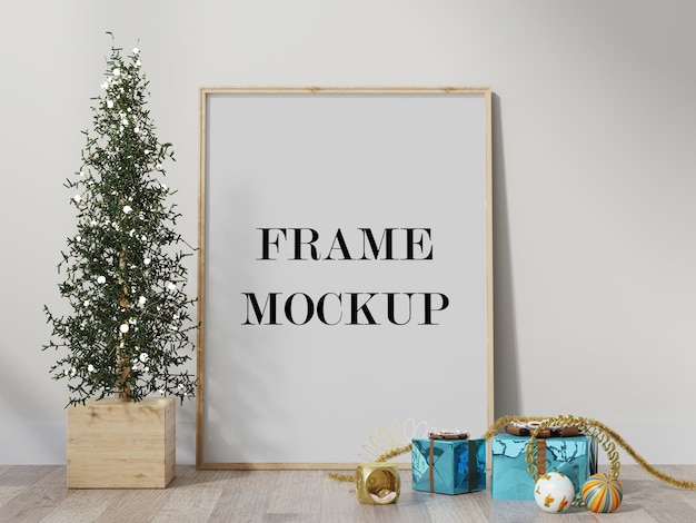 Frame mockup surrounded by christmas decoration 3d render