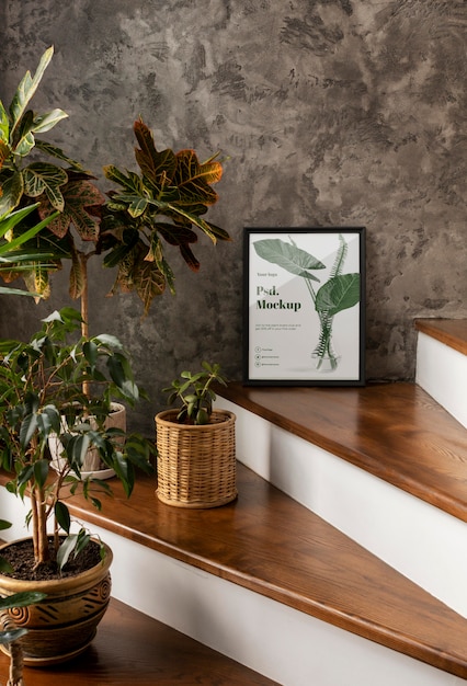 PSD frame mockup surrounded by plants