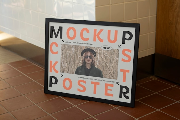 Frame mockup on a tiled wall