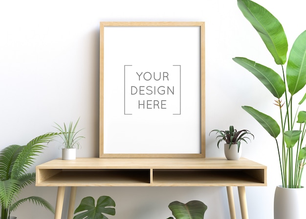 Frame mockup on the wall with plant