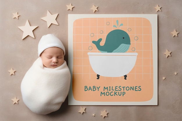 PSD mockup del telaio con disegno di pietra miliare del bambino