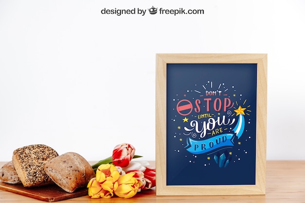 frame mockup with breakfast and flowers