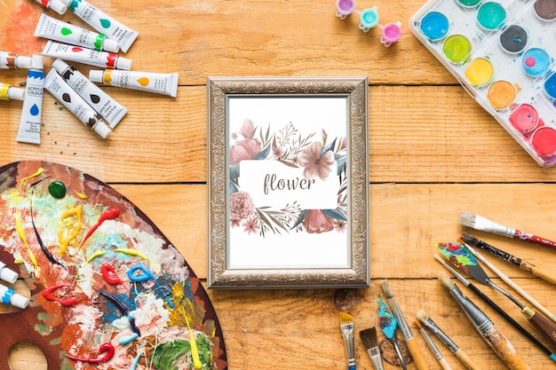 PSD frame mockup with paint materials