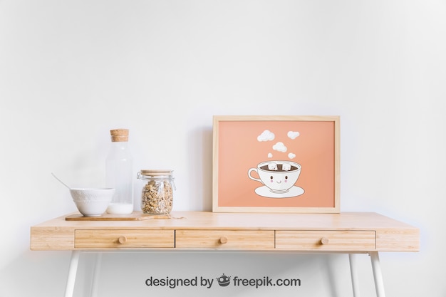 PSD frame mockup on wooden table