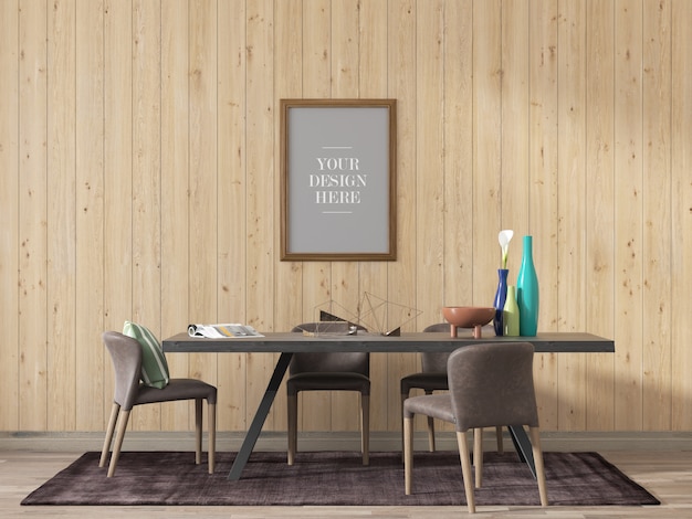 PSD frame mockup on wooden wall from dining room