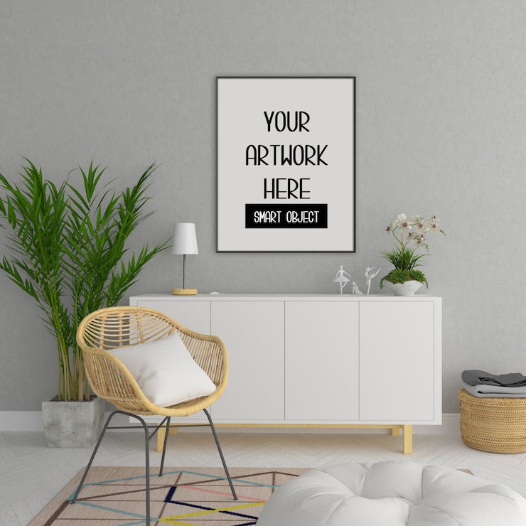 PSD frame mockup, woonkamer met zwart verticaal frame, scandinavisch interieur