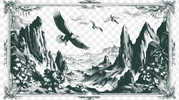 Frame of mountain landscape with eagles and canyons navajo sand paint cnc die cut outline tattoo