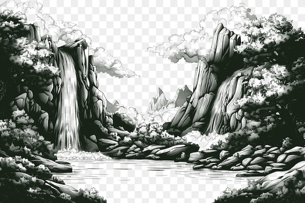 PSD frame of mountainous landscape with waterfalls traditional stone fram cnc die cut outline tattoo