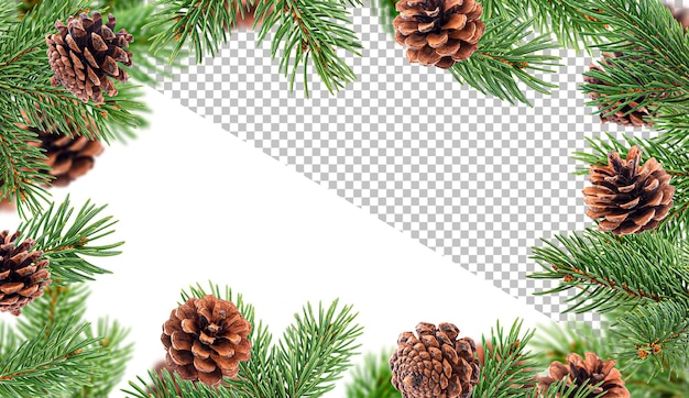 Frame of fir tree branches and pine cones isolated