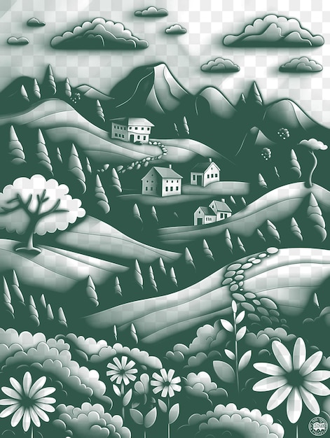 隠された村の山の風景のフレーム 伝統的な紙f cncダイカット・アウトラインタトゥー