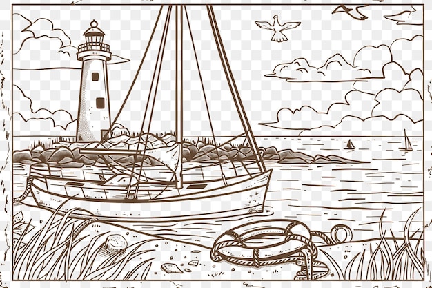 PSD 海の風景のフレーム 絵画的な港 ナウティカルテーマのfr cncダイカット・アウトラインタトゥー