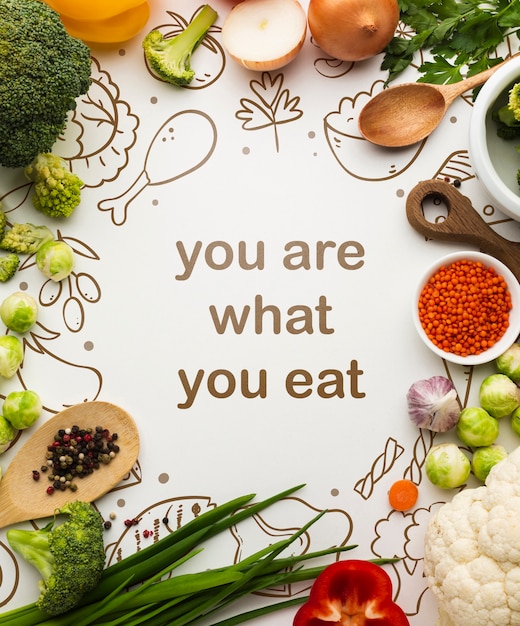 Frame of organic vegetables on table