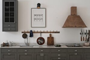 PSD frame photo mockup in grey minimalist kitchen