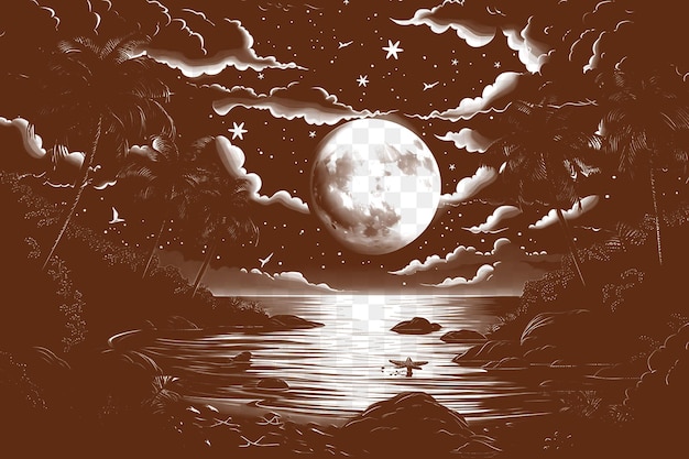 PSD frame of picturesque island landscape with a full moon and swaying pa cnc die cut outline tattoo
