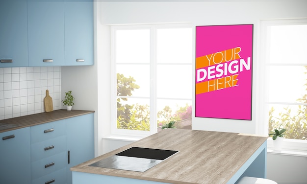 Mockup di poster cornice su una parete della cucina blu