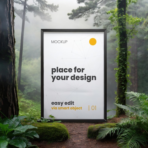 PSD mockup di poster con cornice nella foresta 10