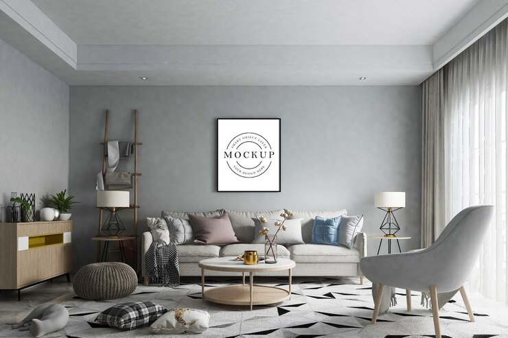 PSD frame poster mockup met kamer interieur
