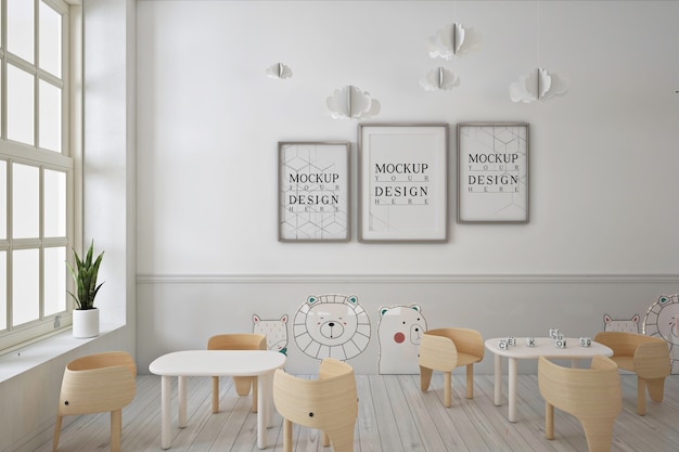 Mockup di poster con cornice nella moderna scuola materna contemporanea