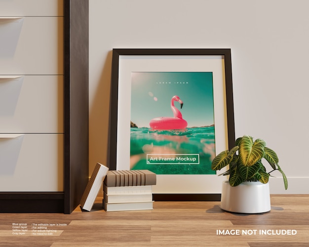 Frame poster mockup op de vloer naast de kast