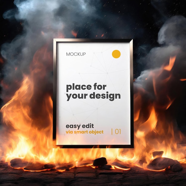 PSD mockup di poster con cornice dato alle fiamme 04