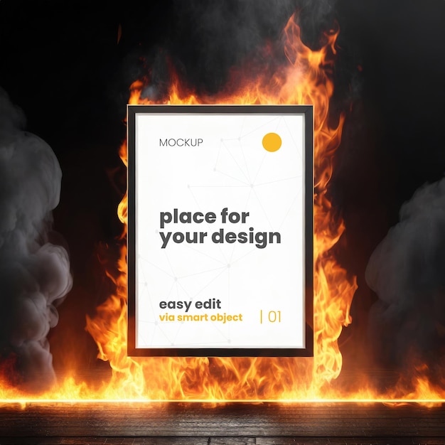 PSD mockup di poster con cornice dato alle fiamme 07