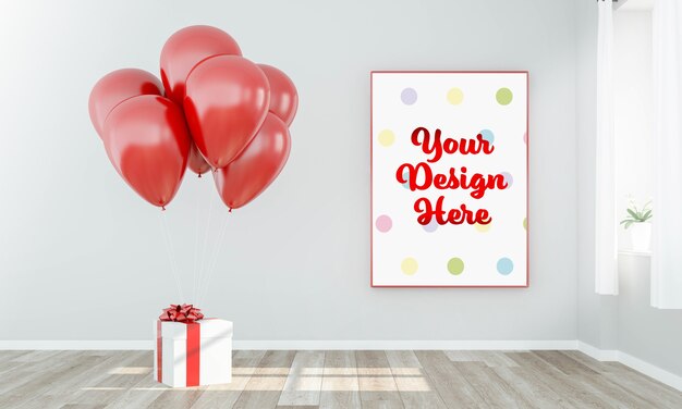 Frame poster mockup with gift and balloons