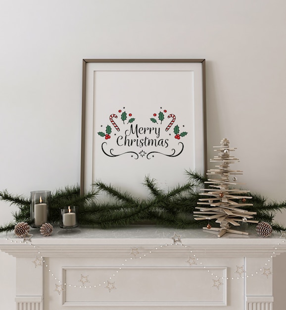 Frame poster mockup with wooden christmas tree and decoration