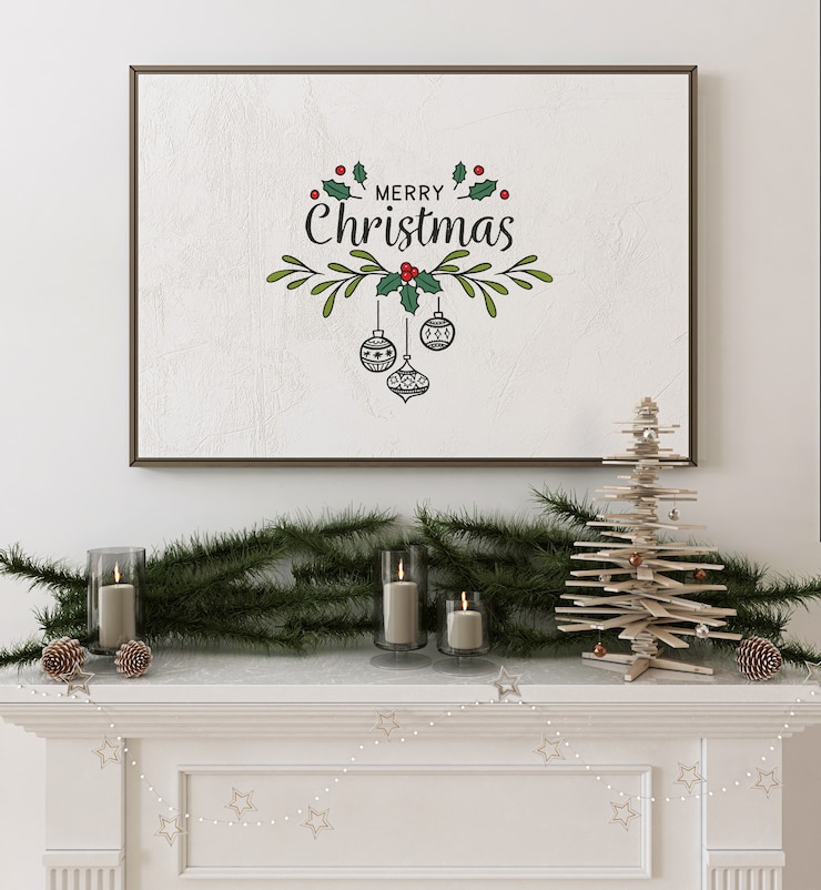 PSD frame poster mockup with wooden christmas tree and decoration