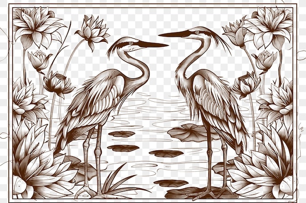 PSD frame of river landscape with herons and lotus flowers indian henna f cnc die cut outline tattoo