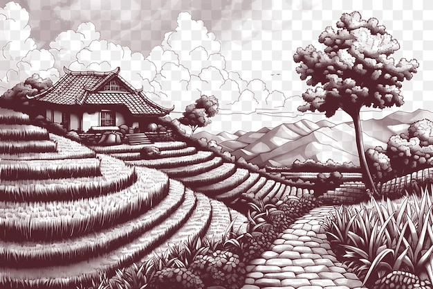 PSD quadro di paesaggio rurale con campi di riso a terrazze tradizionale paglia cnc die cut outline tattoo
