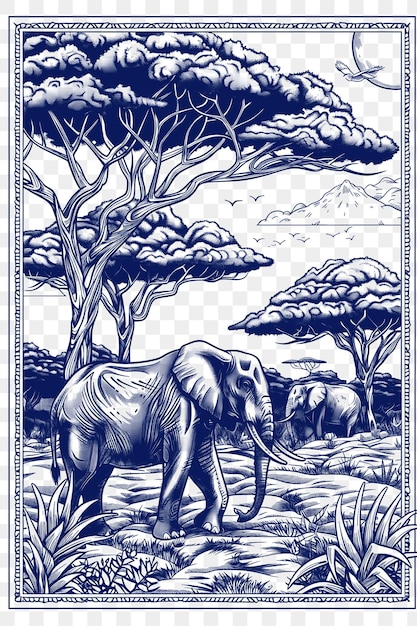 PSD frame of savannah landscape with elephants and acacia trees zulu bask cnc die cut outline tattoo