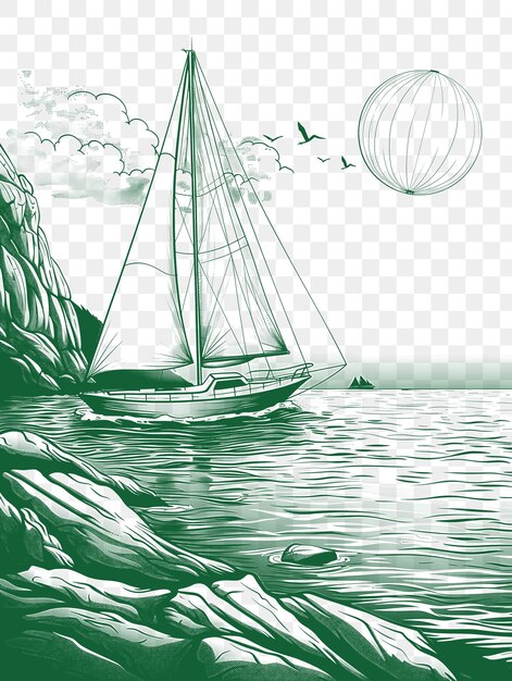 PSD frame of sea landscape with a sailboat gliding across the water a mod cnc die cut outline tattoo