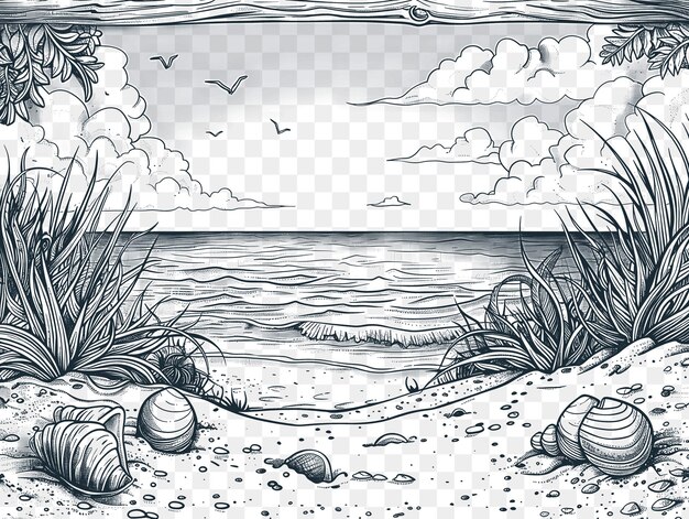 PSD frame di paesaggio marino con una scena serena sulla spiaggia un beachcomber inspirazione cnc die cut contorno tattoo