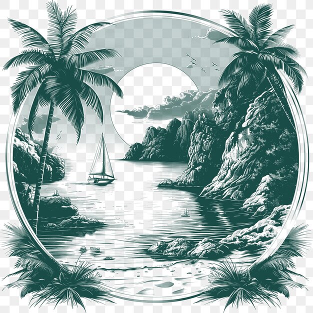 Frame of sea landscape with a yacht cruising in the distance a luxuri cnc die cut outline tattoo