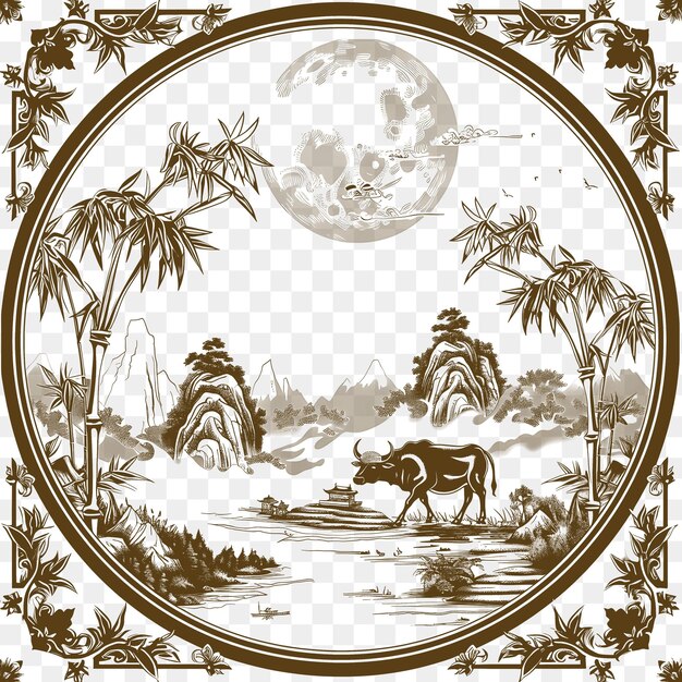 Frame of serene rice paddy landscape with a full moon and water buffa cnc die cut outline tattoo