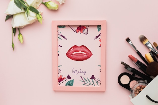 frame on table and cosmetic products