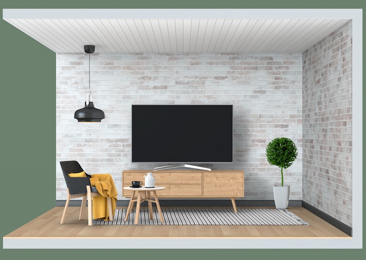 PSD frame television mockup interior modern living room with smart tv