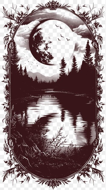 PSD frame of tranquil lake landscape under a half moon with reflection fr cnc die cut outline tattoo