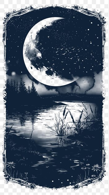 PSD frame of tranquil lake landscape under a half moon with reflection fr cnc die cut outline tattoo