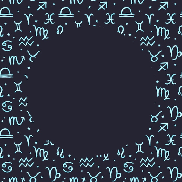 frame of unevenly drawn stars and zodiac signs in blue with a glow effect