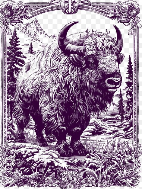 Frame van Tundra Landschap met Musk Oxen en Snowy Owls Alaskan Native CNC Die Cut Outline Tattoo